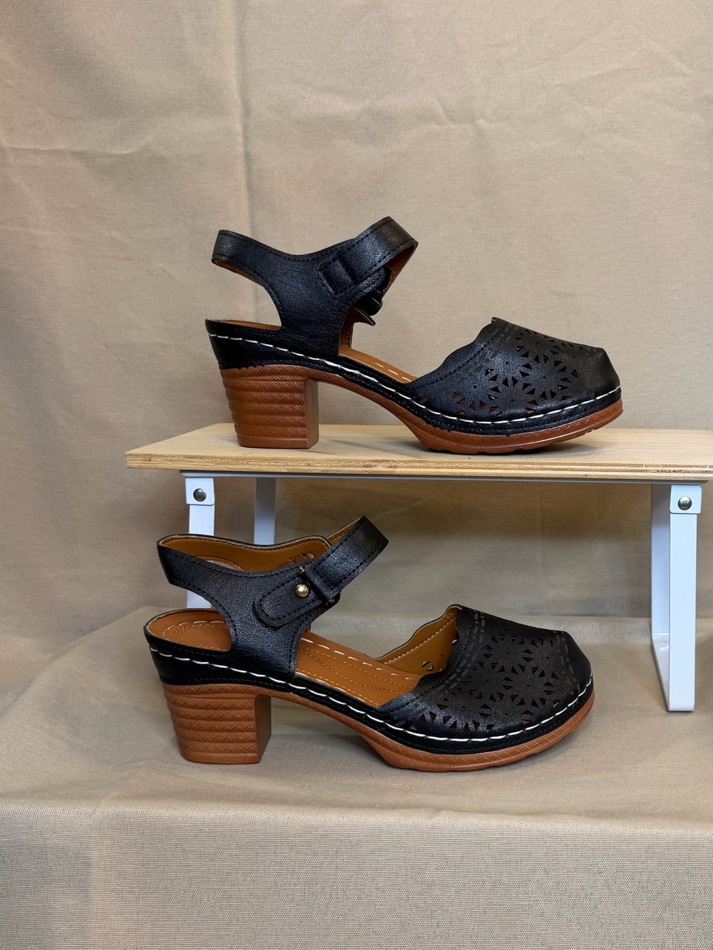 Classic Black Perforated Leather Sandal Heels - Women